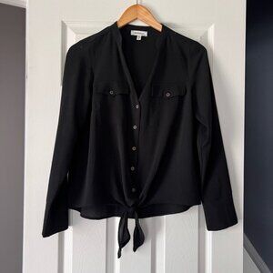 Monteau Black Tie Front Blouse Button Down Sheer Top Long Sleeve M